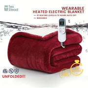 A plush deep red tex electric heated blanket with white control unit and auto shut for bedroom use