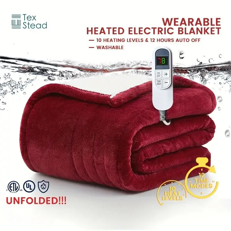 A plush deep red tex electric heated blanket with white control unit and auto shut for bedroom use