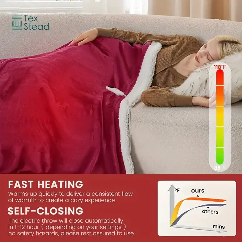 A plush deep red electric heated blanket with soft white fleece border and tex stead brand for cozy bedroom use