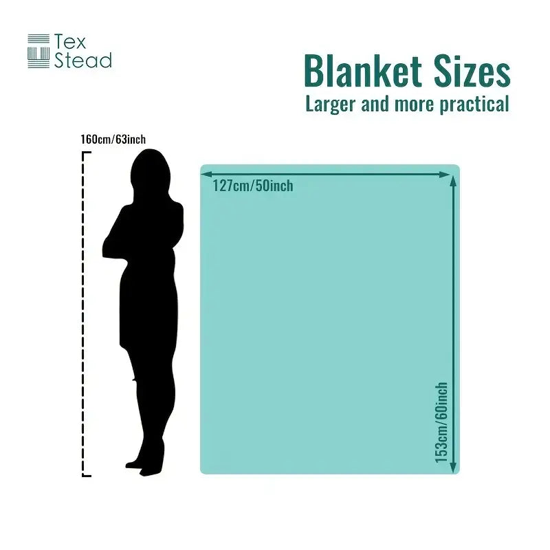 Teal electric heated blanket with dimensions shown by human silhouette for size, plush deep red bedroom throw with auto shut