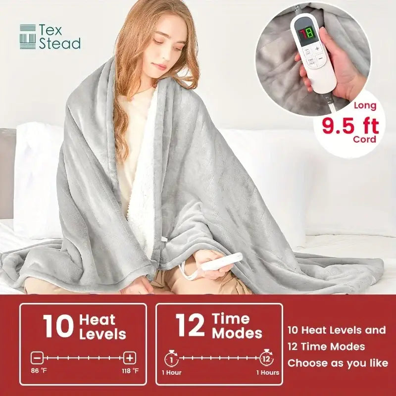 Gray plush electric heated blanket with white control unit 10 heat levels 12 time modes by tex stead