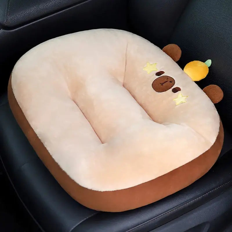 Beige and brown plush donut car seat cushion with embroidered bear, stars, and fruit detail for kids cat shark cushion