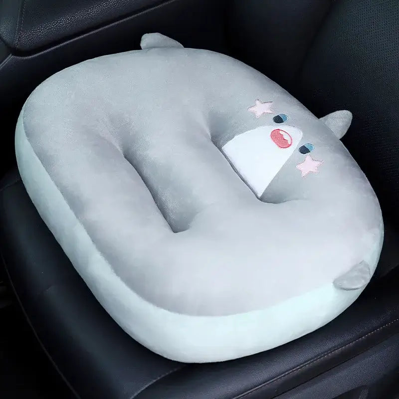 Plush gray cat shark cushion shaped like a cartoon animal with pink star accents and embroidered facial features