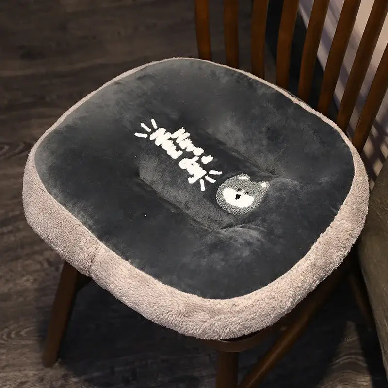 Dark gray plush cat shark cushion with light beige border embroidered bear face and new lettering for kids room seat pad