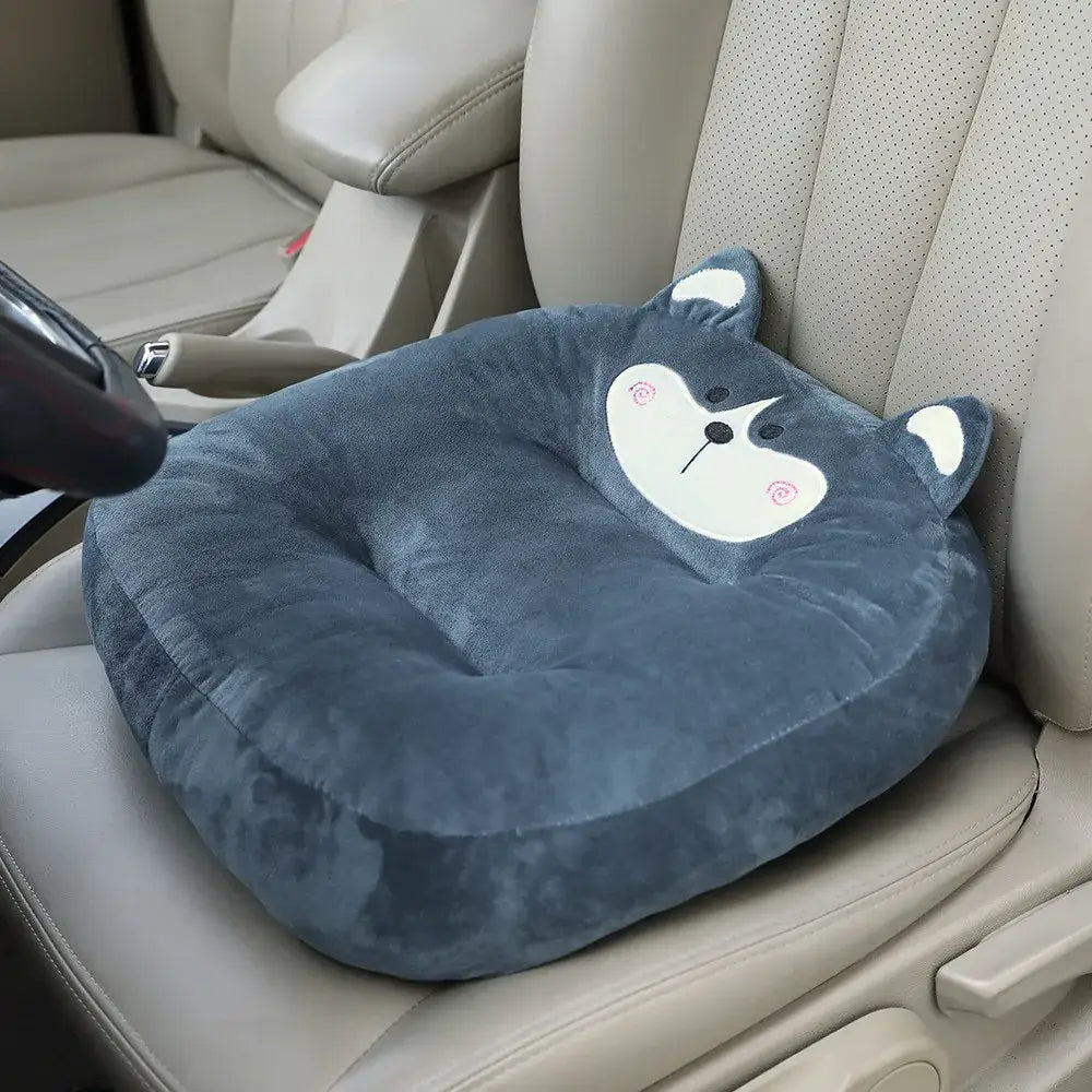 Plush gray cat shark cushion shaped like a dark gray dog with white embroidery and soft velour texture for kids room seat pad