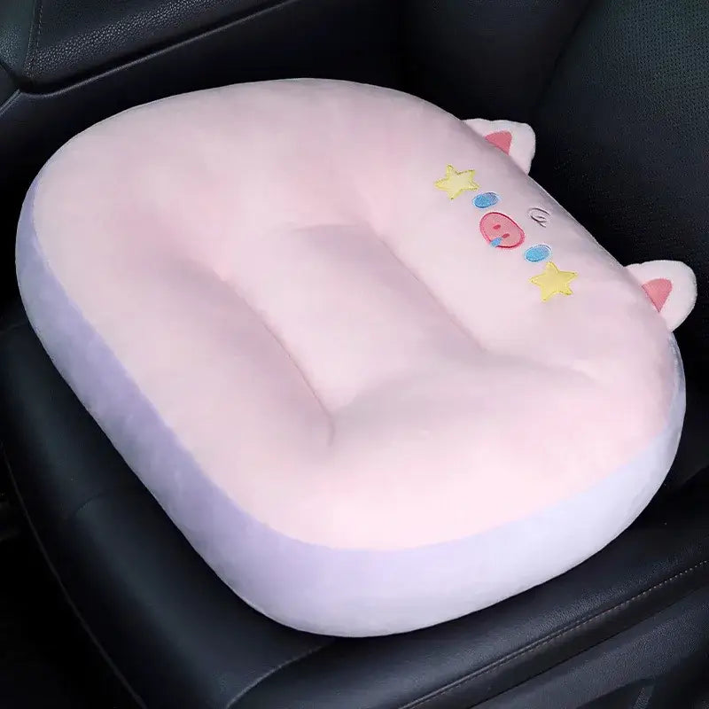 Pink plush car seat cushion with embroidered cat face and lavender trim for kids room cat shark cushion seating pad