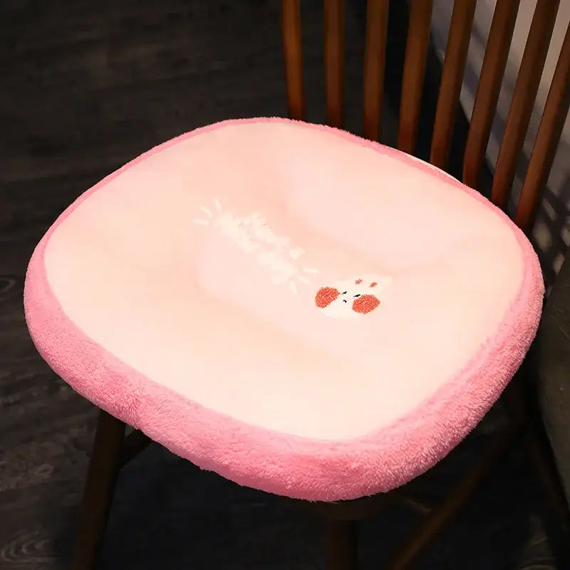 Pink plush chair cushion with cute embroidered bunny design for kids room complements gray cat shark cushion seat pad
