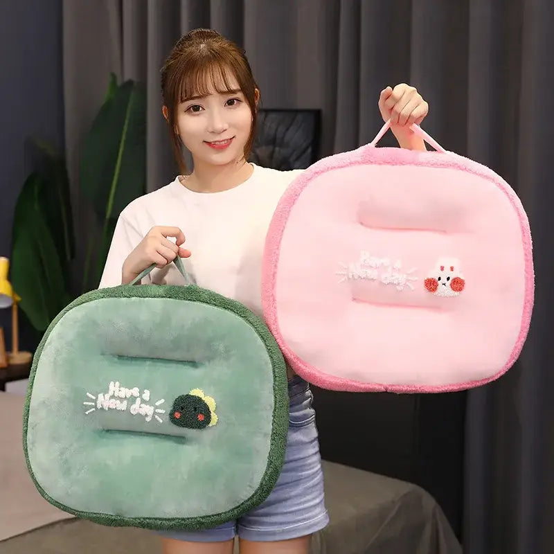Plush gray cat shark cushion with pink and green embroidered backrest cushions featuring have a nice day text and cute faces