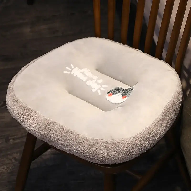 Soft gray plush cat shark cushion with embroidered bird and happy new day text for kids room seat pad