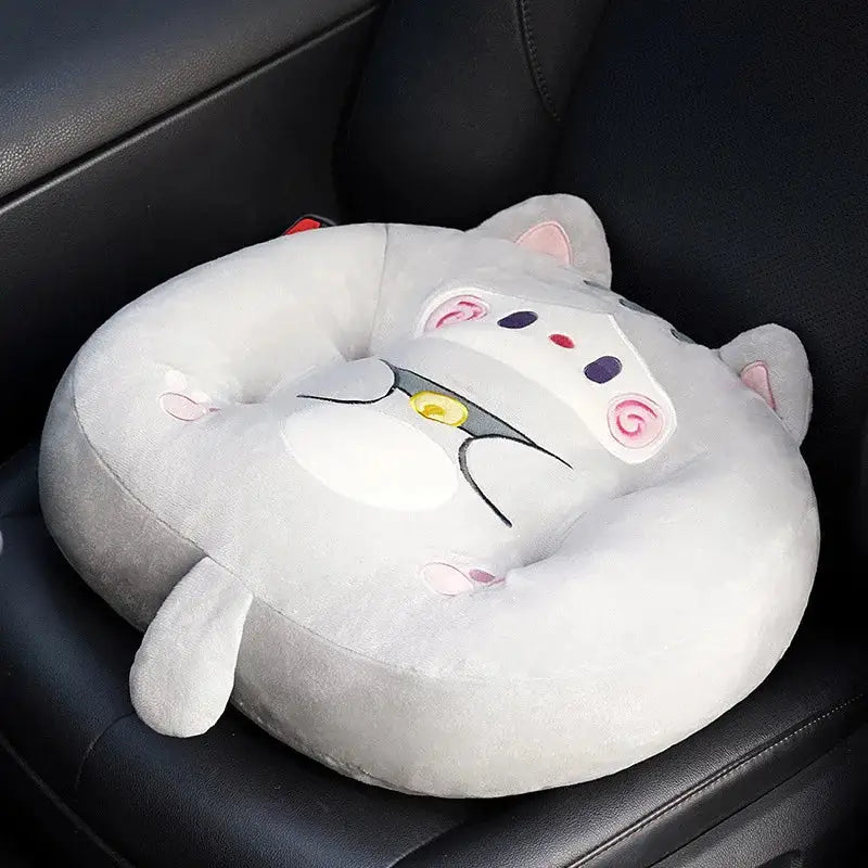 Plush gray cat shark cushion made of soft plush with embroidered pink facial features and yellow collar for kids room seat pad