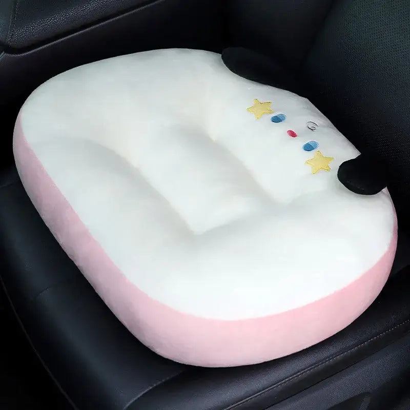 Plush white and pink cat shark cushion with embroidered yellow stars and colorful accents for kids room seat pad
