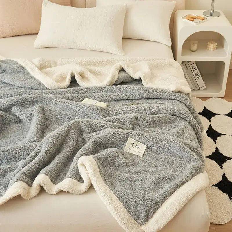 Soft gray plush coral fleece blanket with cream-colored fleece border and lining for cozy sofa or bedroom decorbites coral fleece