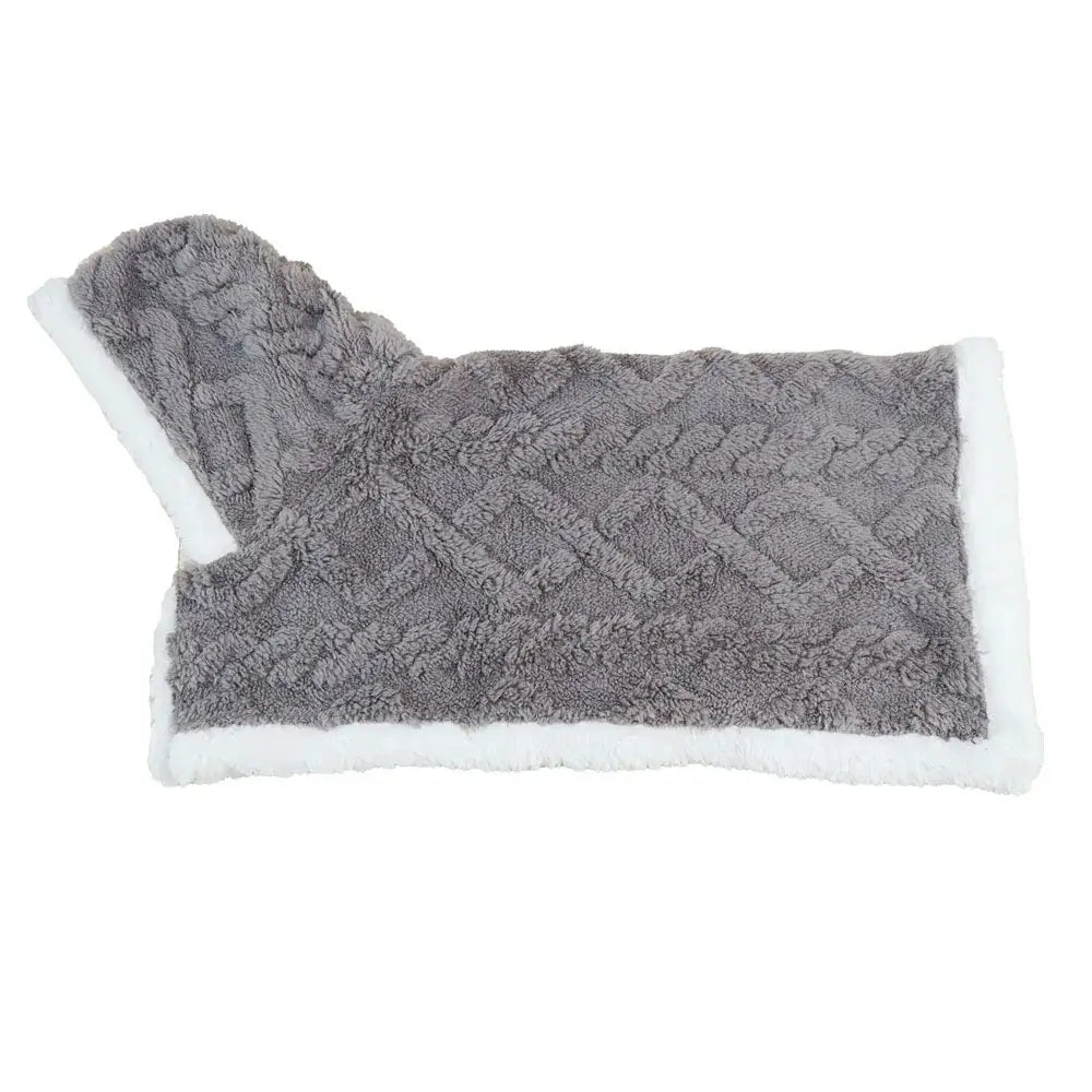 Plush gray and white cozy velvet pet blanket with diamond knit design and fleece trim for decorbites cozy velvet use