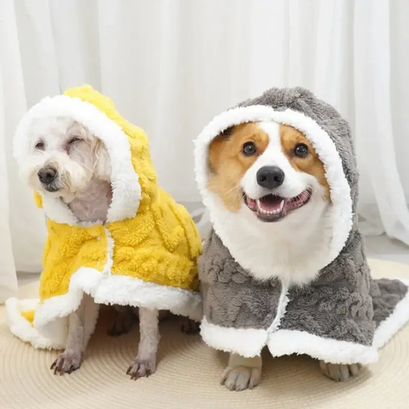 Plush gray and yellow hooded dog coats with white fleece trim made of decorbites cozy velvet pet blanket material