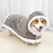 Plush gray and white hooded dog coat with cozy velvet pet blanket fleece lining by decorbites cozy velvet