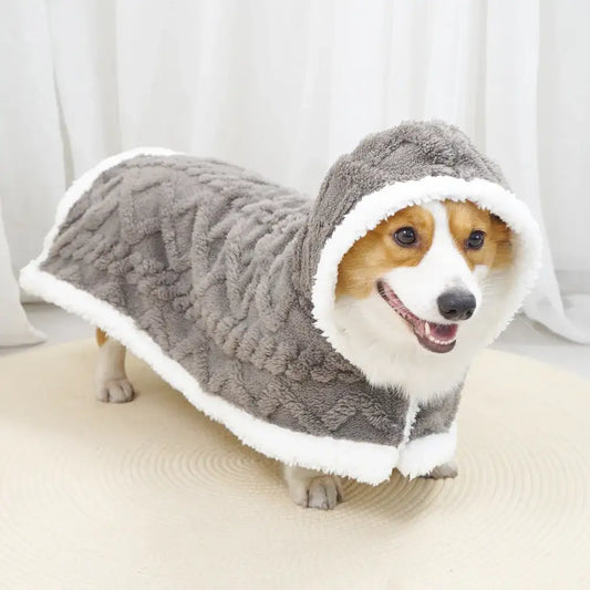 Plush gray and white hooded dog coat with cozy velvet pet blanket fleece lining by decorbites cozy velvet