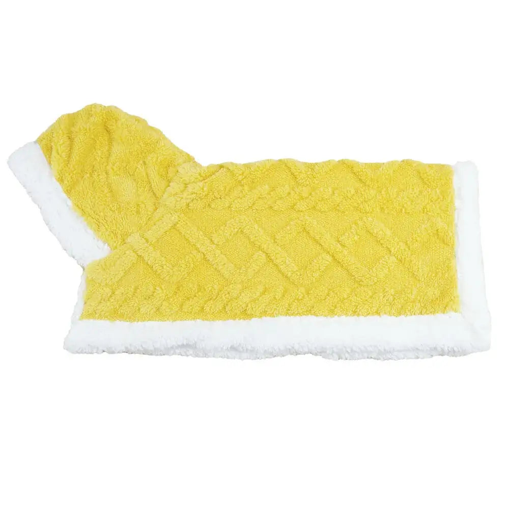 Yellow knitted dog sweater with white fleece trim paired with plush gray and white decorbites cozy velvet pet blanket