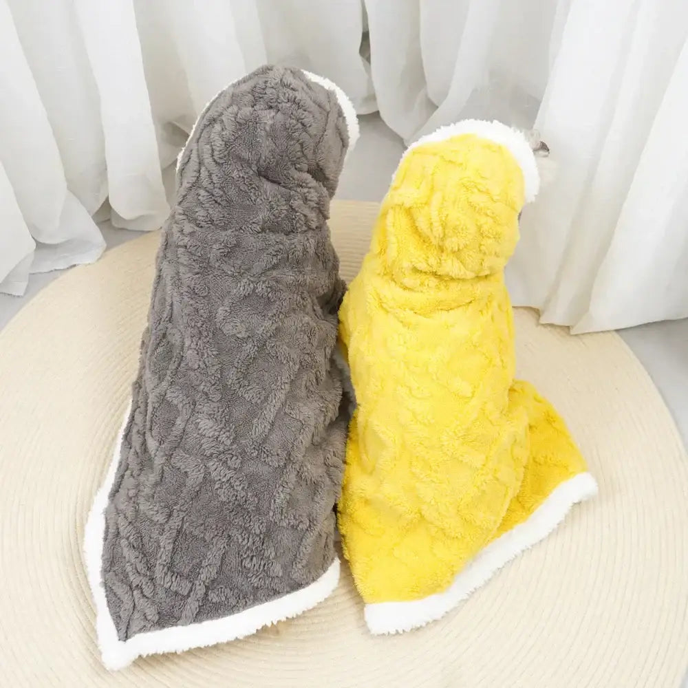 Plush gray and yellow dog bath towels with white fleece trim from decorbites cozy velvet pet blanket collection