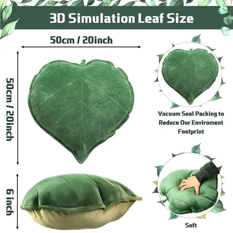 Plush heart-shaped throw pillow in deep green velvet with subtle vein detailing from decorbites 3d leaf shaped throw collection