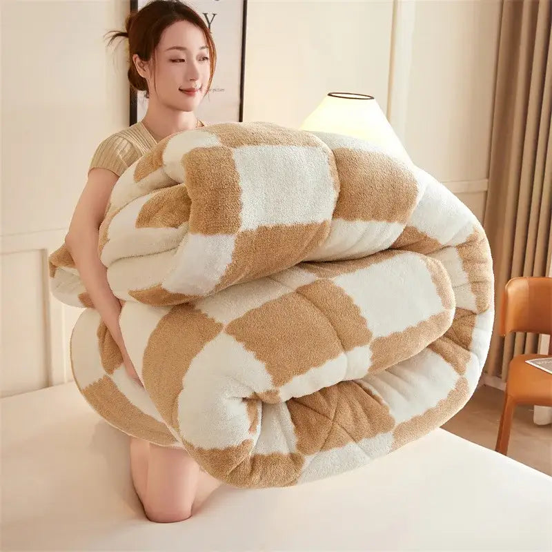 A plush cream and tan fleece duvet blanket with a soft textured surface from decorbites cozy checkerboard collection