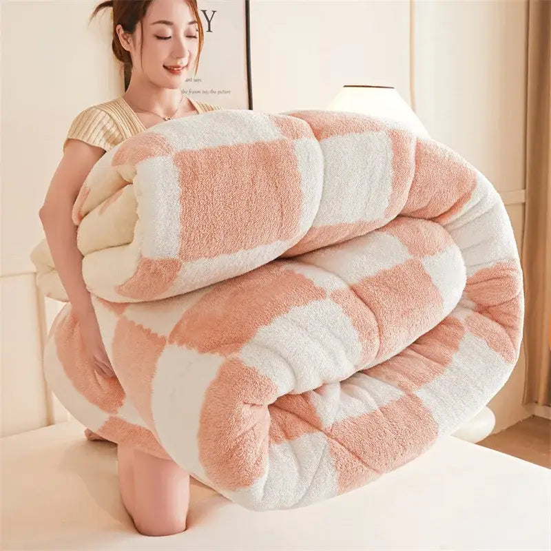 A plush pink and white fleece blanket with cozy checkerboard pattern for decorbites cozy checkerboard duvet blanket use