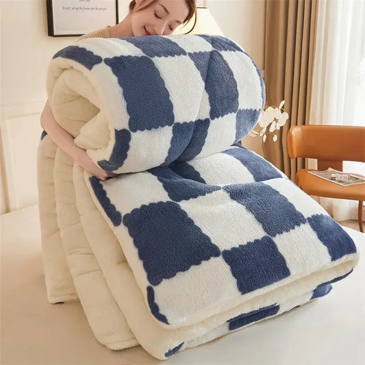A plush navy and white checkered fleece duvet blanket with a soft texture from decorbites cozy checkerboard collection
