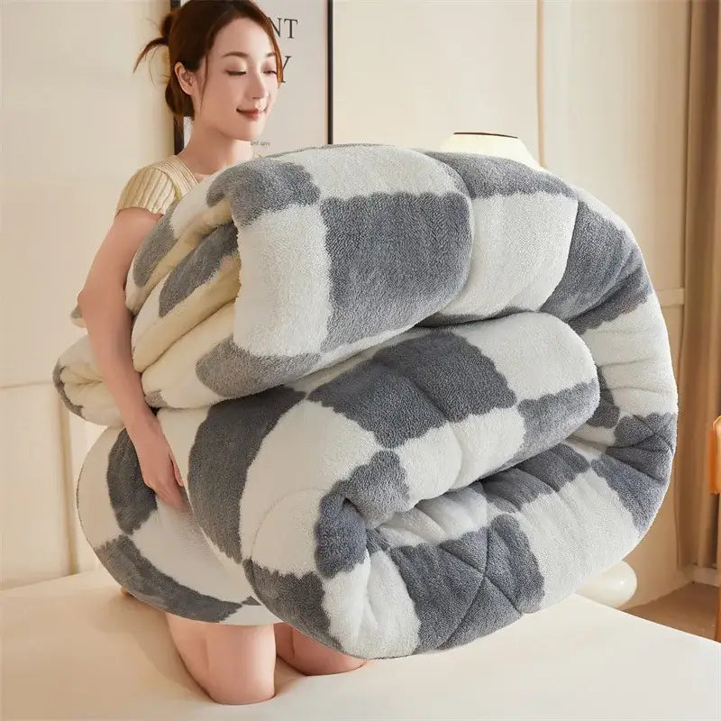 A plush gray and white fleece duvet blanket with a cozy checkerboard pattern by decorbites for bedroom use