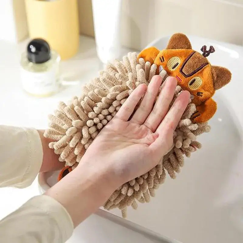 Plush orange and beige cat kitchen hand towel with super absorbent microfiber and fuzzy bristles for decorbites cat kitchen use