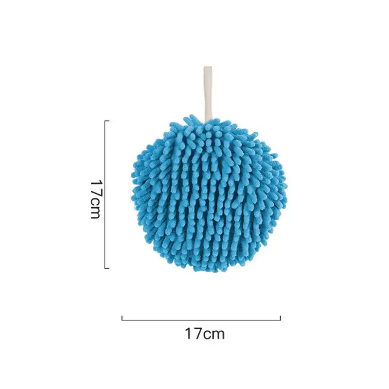 Bright blue round microfiber cleaning ball with wooden handle featured with plush orange beige decorbites cat kitchen hand towel