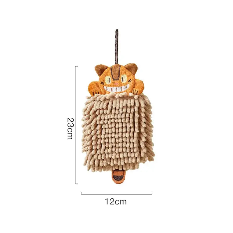 Plush orange and beige decorbites cat kitchen hand towel made of super absorbent microfiber with brown hanging loop