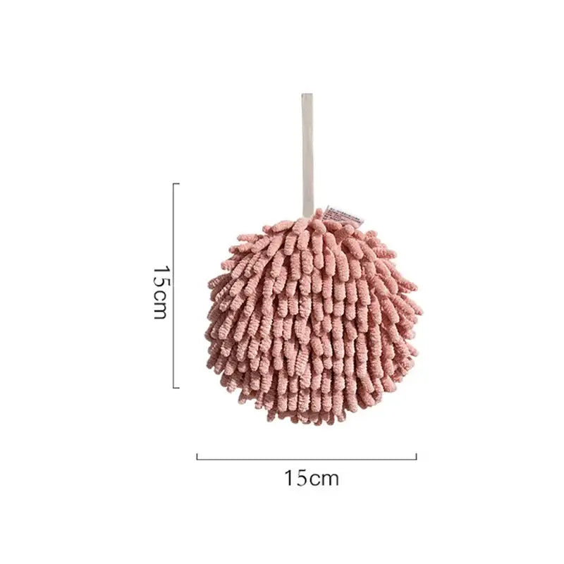 Pink round microfiber cleaning mitt with hanging loop paired with plush orange and beige decorbites cat kitchen hand towel