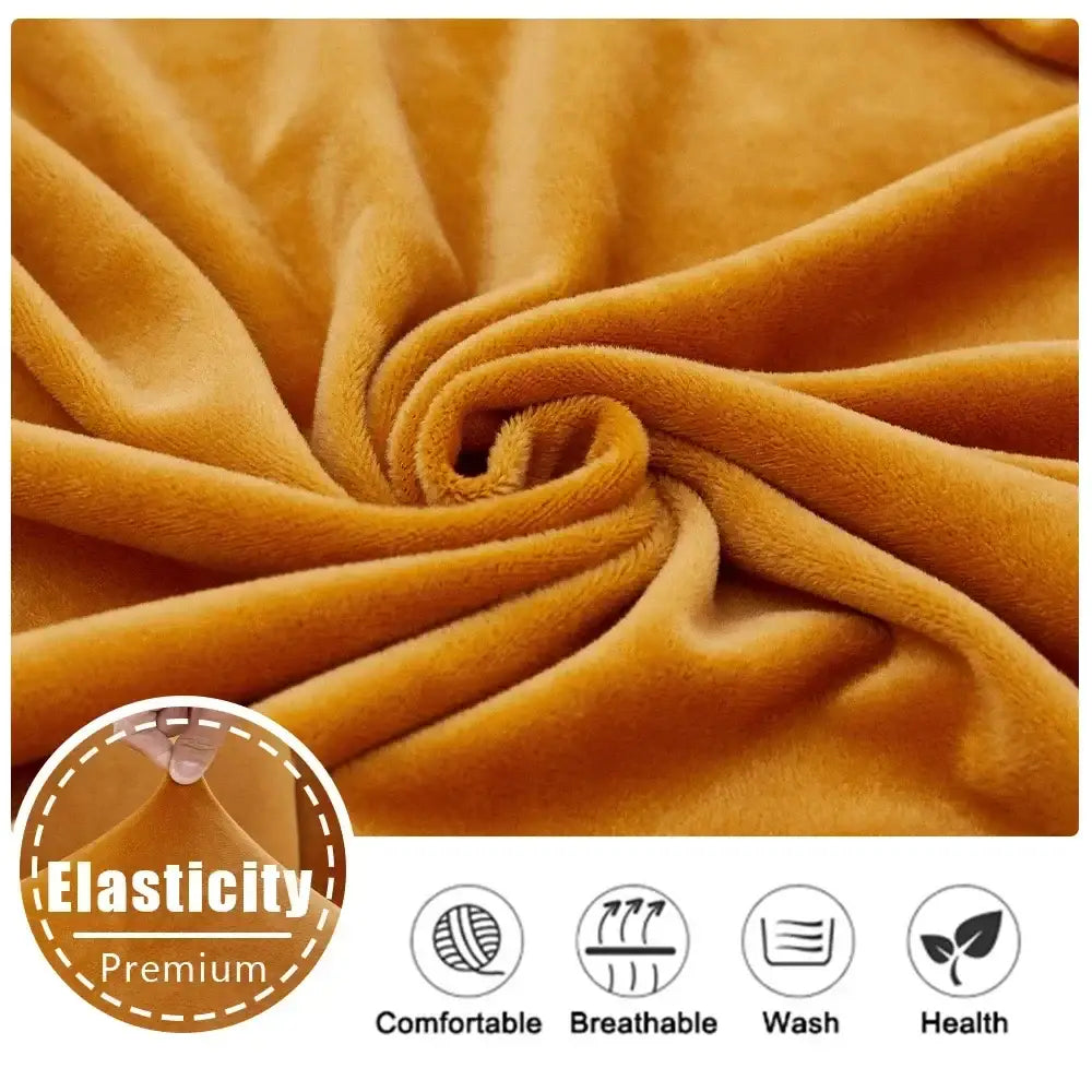 A plush orange velvet elastic sofa cushion cover made of soft golden-orange fleece for living room protection