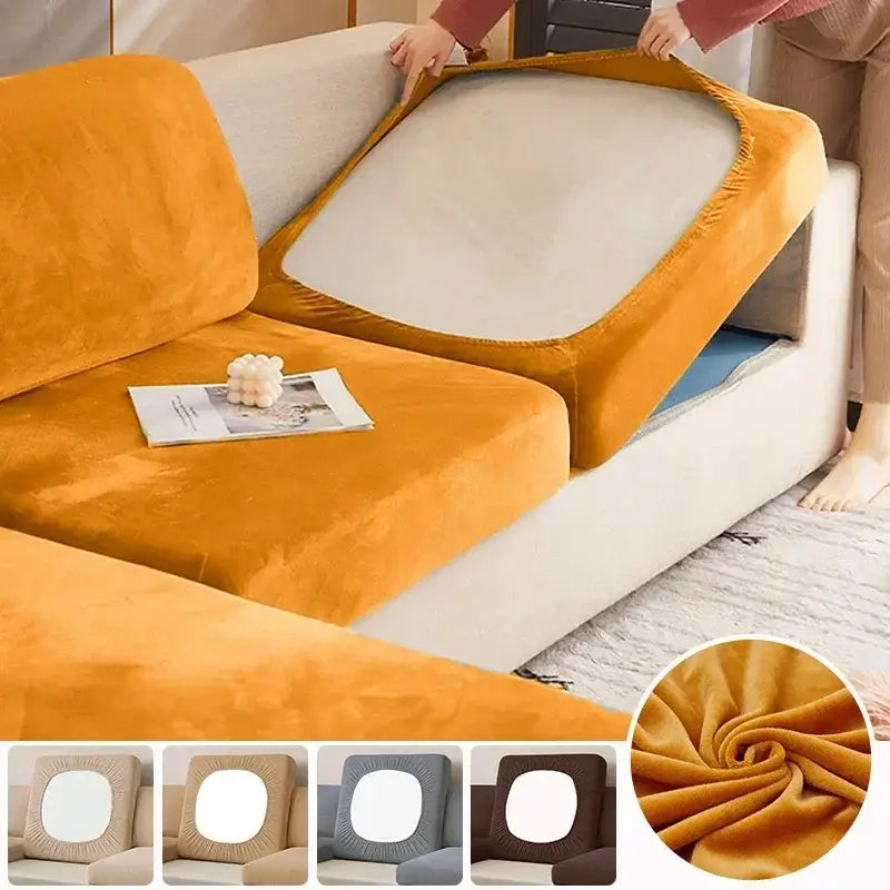 Plush orange velvet sofa cushion cover with elastic edges and soft texture for living room protection