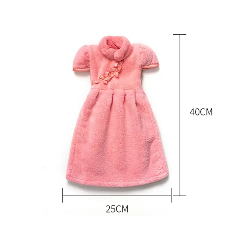 A soft pink coral fleece cheongsam hand towel with short puffed sleeves and high collar for kitchen and bathroom use