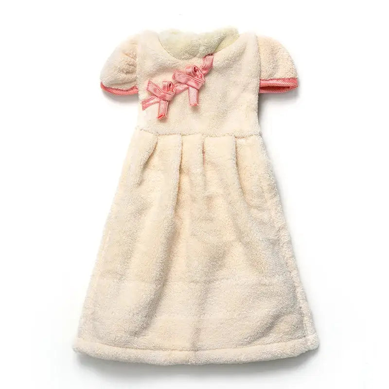 Cream-colored plush coral fleece cheongsam hand towel with short sleeves and pink ribbon bows for kitchen and bathroom decorbites coral fleece