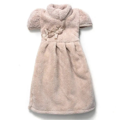A soft beige plush coral fleece cheongsam hand towel with puffed sleeves for kitchen and bathroom decorbites use