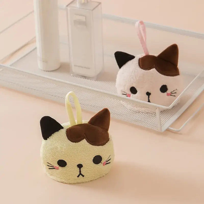 Plush pink and pale yellow cartoon cat hand towel with cute cream and brown plush cat sponge decorbites cartoon cat decor
