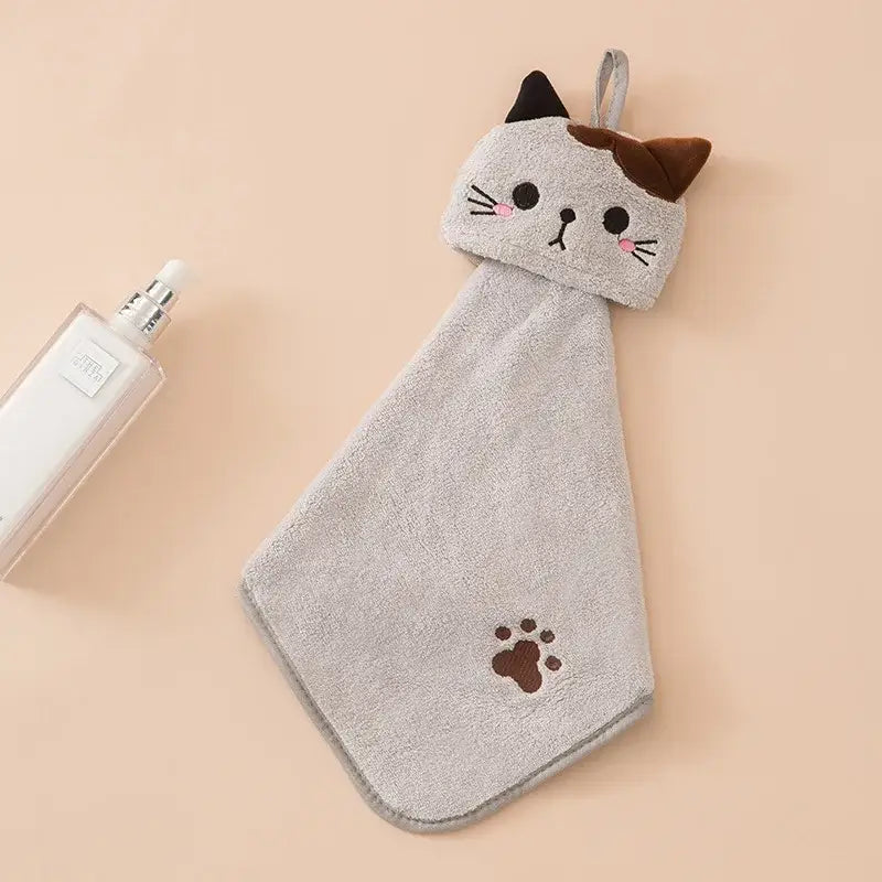 Gray plush hand towel with cartoon cat design brown ears embroidered face and paw print decorbites cartoon cat