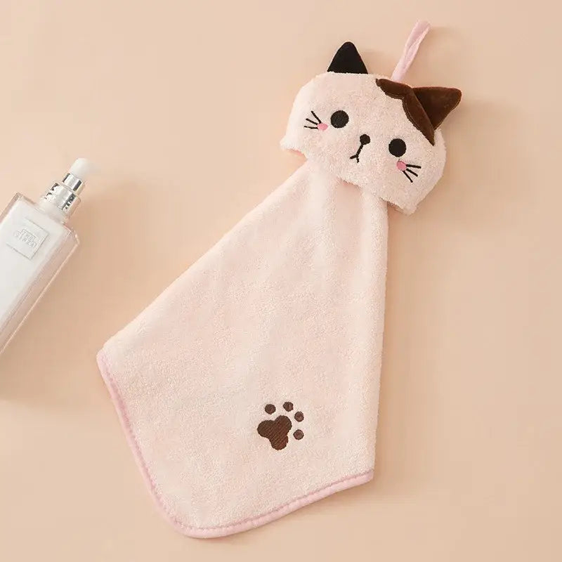 Soft pink plush cartoon cat hand towel with embroidered ears and paw print by decorbites for kitchen use