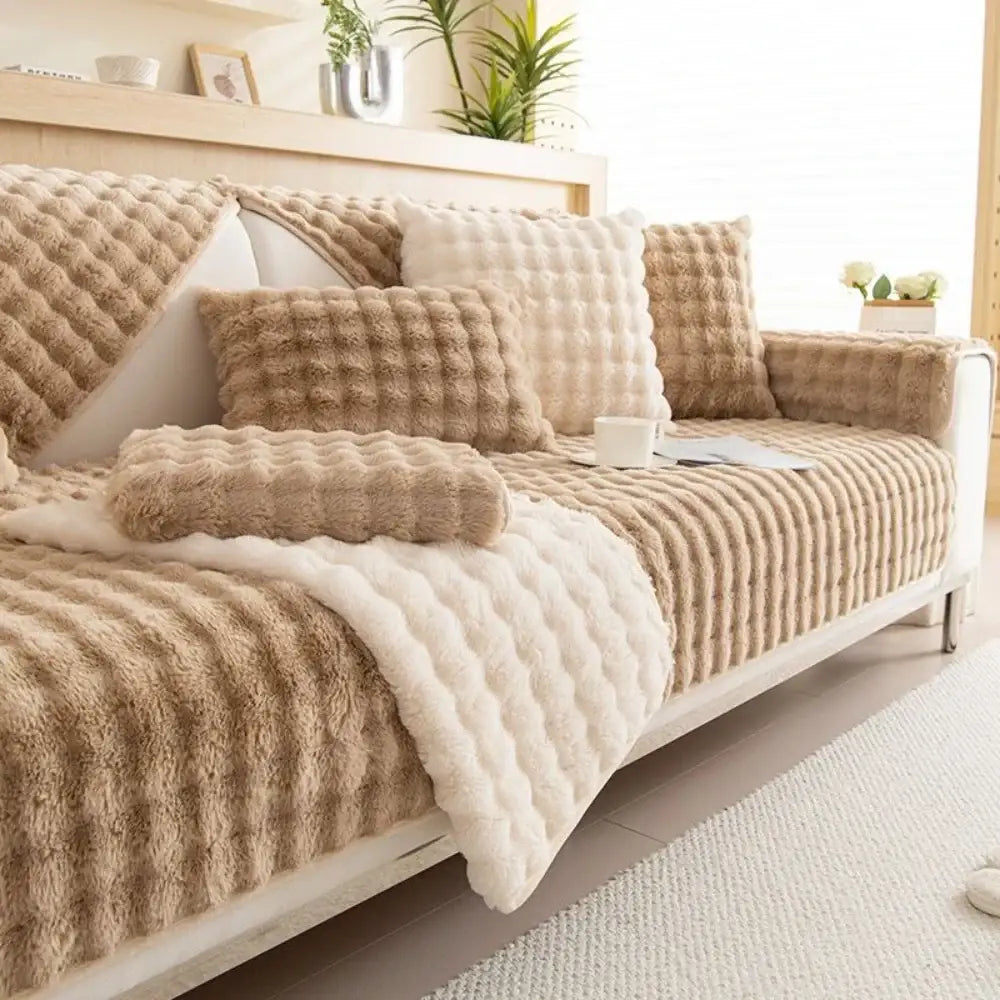 Beige and cream quilted plush sofa cover set with textured fluffy rabbit fur design for living room use