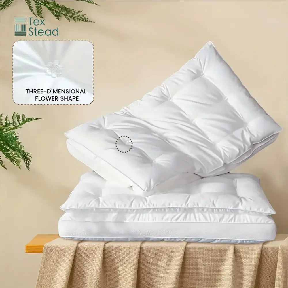 Plush white double layer fiber pillow with 3d flower quilted design for bedroom neck support