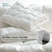 Plush white double layer fiber pillow with tufted quilted design and stitched edges for bedroom neck support