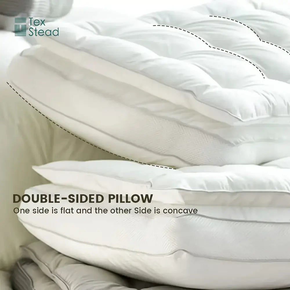 Plush white double layer fiber pillow with one flat and one concave side for bedroom neck support