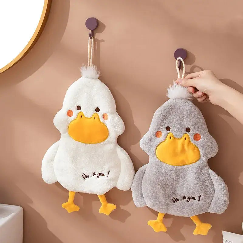 Plush white and gray duck terry towel kitchen cleaning cloth with yellow beak feet and embroidered hi is you text
