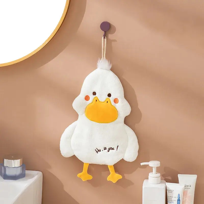 Plush white and gray duck terry towel holder with yellow beak feet embroidered text for kitchen cleaning cloth