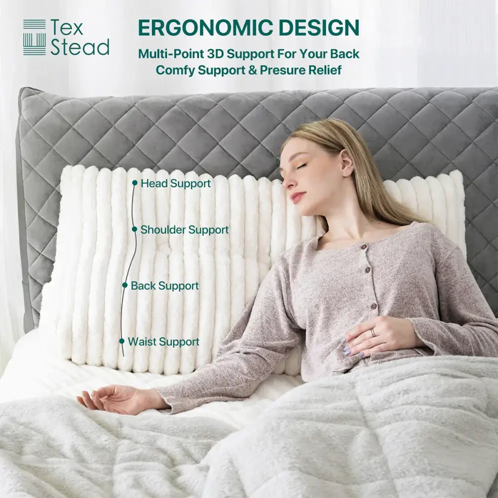Plush white ribbed decorbites headboard wedge pillow with ergonomic segmented zones for head shoulder back and waist support
