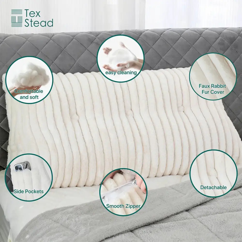 Cream-colored faux rabbit fur wedge pillow with ribbed texture and detachable design for decorbites headboard wedge pillow