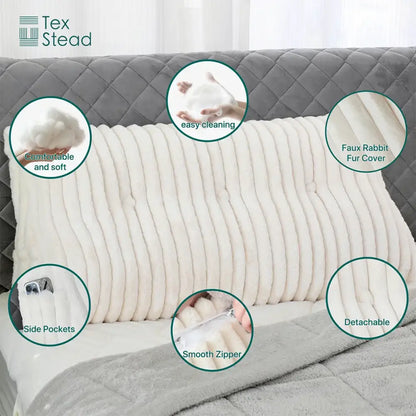 Cream-colored faux rabbit fur wedge pillow with ribbed texture and detachable design for decorbites headboard wedge pillow