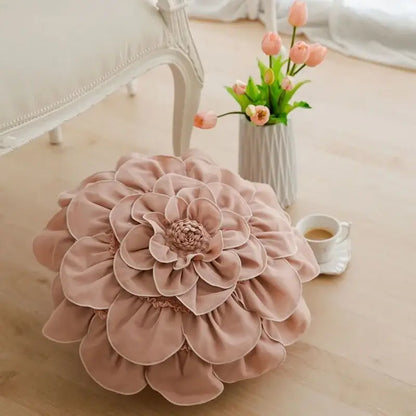 A plush blush pink and white 3d flowers pillow with layered fabric petals for home decor by decorbites flowers pillows