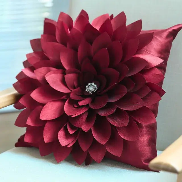A plush deep red dahlia-shaped satin flowers pillow with silver center for decorbites 3d flowers home decor